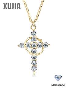 XUJIA 1Pc Of 925 Sterling Silver Cross Pendant Necklace 3mm*11pcs Round Moissanite Necklace Wedding & Baptism Anniversary Religious Jewelry Gifts - PMO-301 - View 2