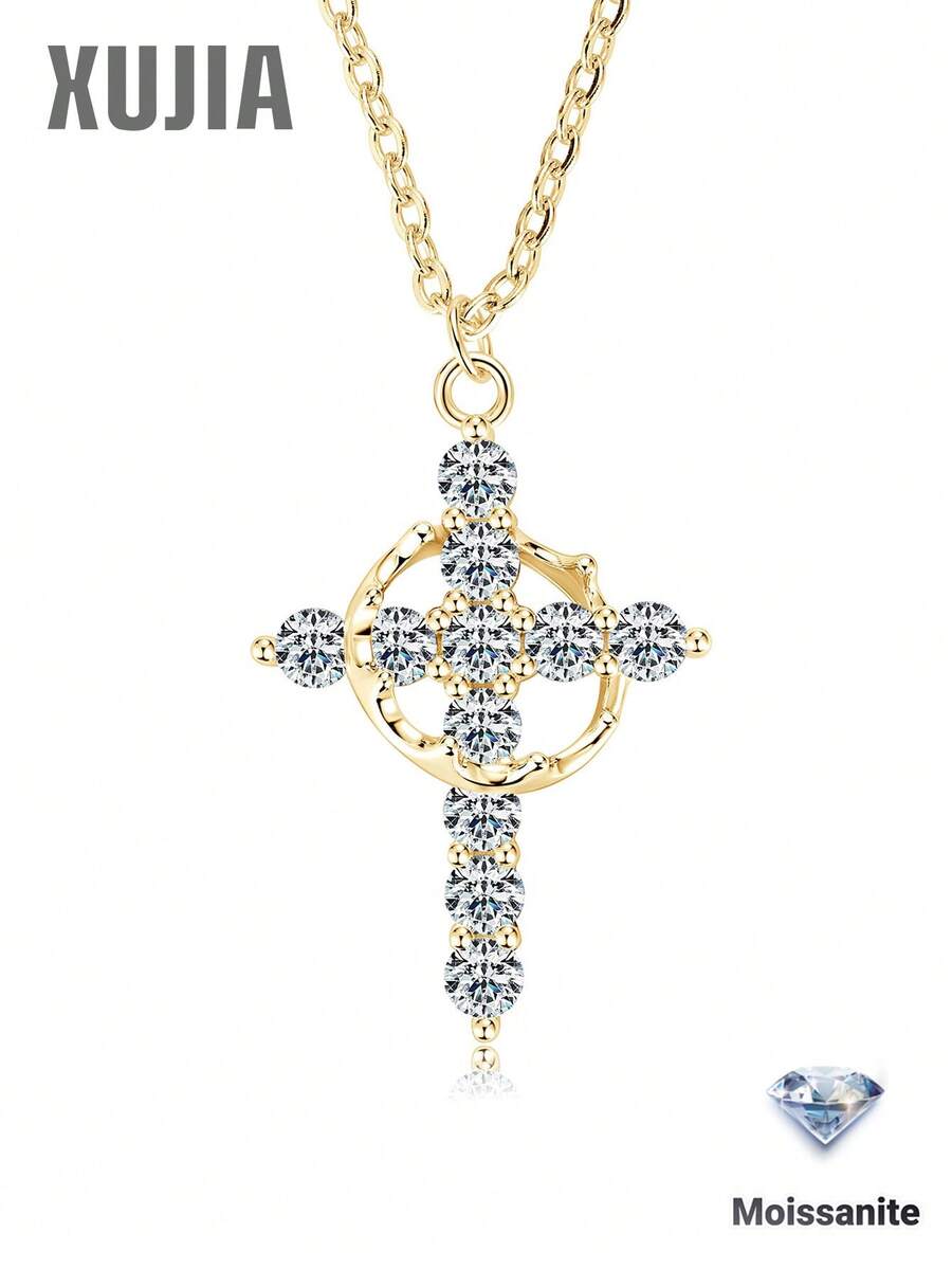 XUJIA 1Pc Of 925 Sterling Silver Cross Pendant Necklace 3mm*11pcs Round Moissanite Necklace Wedding & Baptism Anniversary Religious Jewelry Gifts