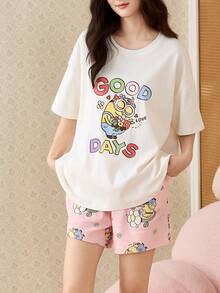 Gongdie Universal 2件組女款睡衣套裝，夏季柔軟透氣純棉卡通印花居家服 - 杏色 - 查看 8