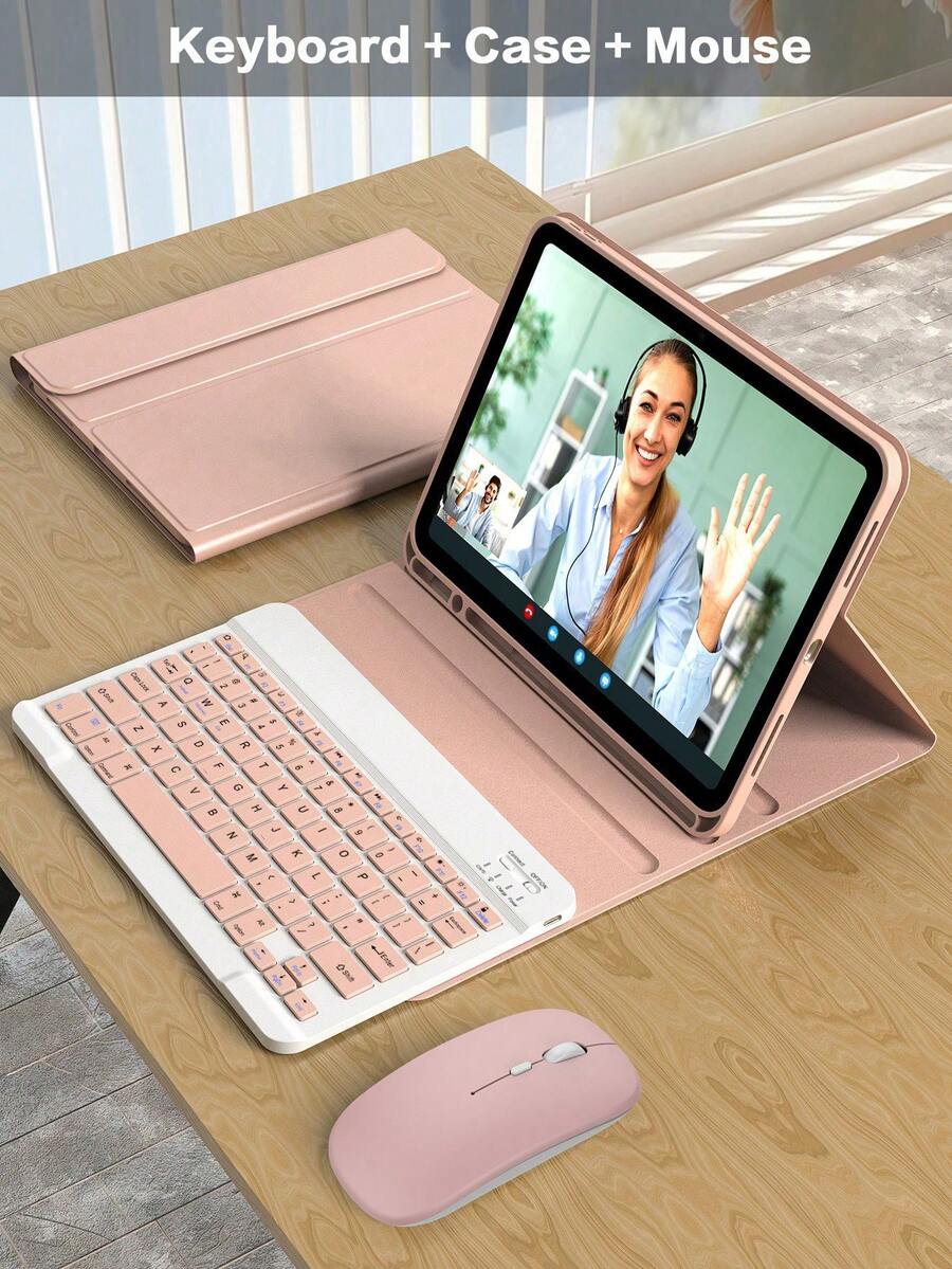 Solid Pink Flip Pad Case With Keyboard & Mouse Set Compatible With Ipad 5/6/7/8/9/10, Pro 11, Air 1/2/3/4/5/6, Detachable Wireless Keyboard (150mAh Battery) And Protective Case With Pen Slot Pastel Spring Birthday Gift