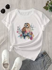 Top de mujer de cuello redondo y manga corta con estampado de búho en acuarela rodeado de flores, apto para todas las estaciones. - Blanco - Ver 1