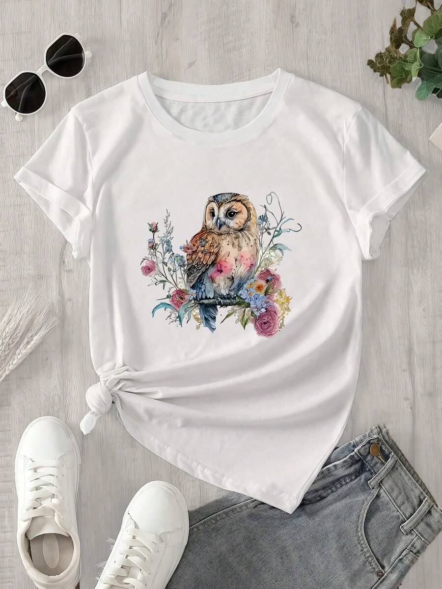 Top de mujer de cuello redondo y manga corta con estampado de búho en acuarela rodeado de flores, apto para todas las estaciones. - Blanco - Ver 1