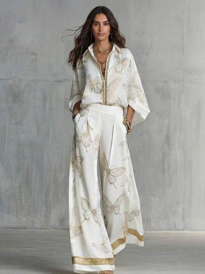 Elegant Women's Butterfly Print Blouse And Wide Leg Pants Set With Kimono Sleeves, Perfect For Fall Occasions