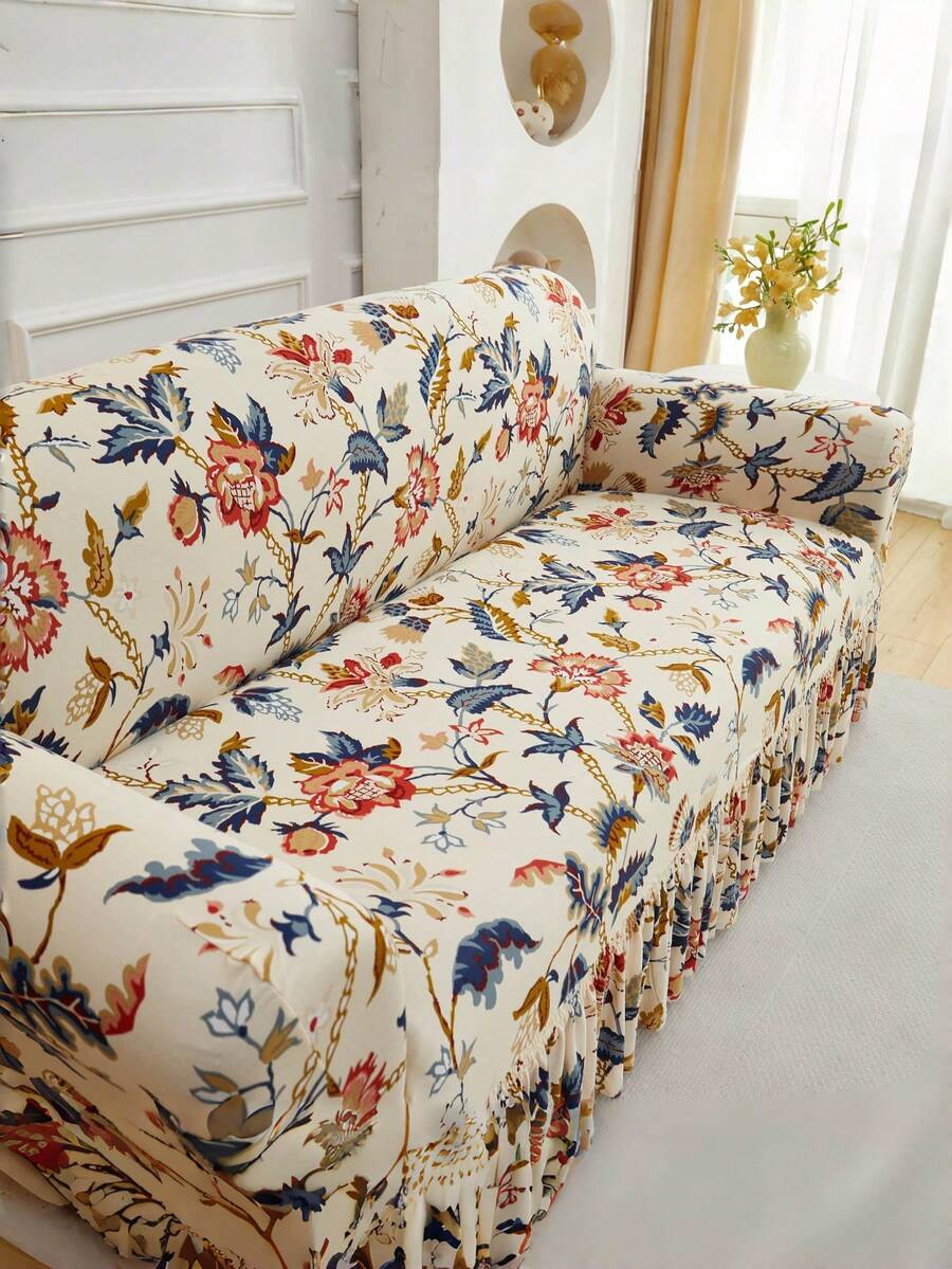 1PC Non-Slip Elastic Aesthetic Sofa Cover, Milk Silk Fabric Floral Print Ruffle Design, Fit For 1-2-3-4 Seater Sofa, Pet-Proof Anti-Stain, Vibrant Colors, All Seasons