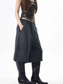 Y2K Khaki Baggy Wide-Leg Cargo Culottes, Mid-Length Multi-Pocket Casual Shorts with Elastic Waist, Streetwear & Grunge Style - Negro - Ver 3