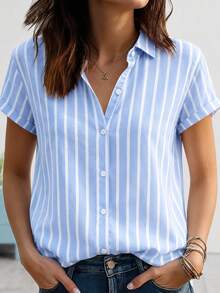 Casual Fashion Striped Print Women's Plus Size Lightweight Short Sleeve Button-Up Shirt Summer - Baby Blue - View 1