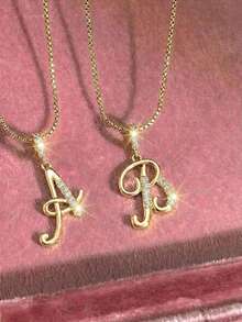1Pc Great Fancy Retro Gold Color Rhinestone Cursive Initial Letter Pendant Necklace With Box Chain For Boys And GirlsDaily Jewelry Gift For HolidayRoad TripAmusement Park And Barbecue - Gold - View 1
