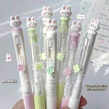 4支/組可愛兔子0.5mm快乾黑墨水按壓式凝膠筆，附透明收納袋，開學季文具 - black - 查看 6