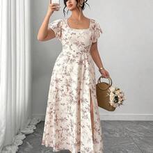 jianchaimaoyi02  Vestido de verano elegante y estilizador para mujer de talla grande con cuello cuadrado francés, mangas con volantes, abertura en el bajo, adecuado para uso casual, vacaciones ligeras, ocasiones sociales, fiestas de cóctel y citas - Naranja - Ver 9