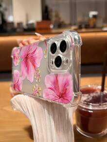 1pc Fashionable Pink Floral Print Phone Case, Soft TPU Shockproof Full Protection Cover Compatible With IPhone 17, 17 Pro, 17 Pro Max, 16 Pro Max, 16/15/14/13/12/11 Pro Max, Spring Anniversary Gift - Clear - View 4