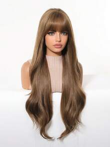 Topshe 24 Inch Brown Highlighted Long Wavy Synthetic Wig With Bangs, Glueless Heatproof Synthetic Wig For Women, Black Mixed With Red Long Wavy Style, Suitable For Daily, Party, Cosplay, Halloween, Gift - Chocolate Brown - View 4