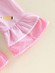Mono de bebé niña para la vuelta al cole con bordado de Apple Pencil, mono a cuadros y bonitos pantalones con tirantes y lazo para niña pequeña. - Rosa - Ver 6