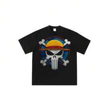One Piece  T-Shirt - 100% Cotton Crew Neck Tee, Anime Graphic Print, Summer Casual Short Sleeve Top, Perfect For Anime Fans, Cosplay, Birthday Gift For Men And Boys_90s Pop Retro All GendersMen's Minimalist Printed Round Neck Short Sleeved T-Shirt - 黑色5 - 查看 1