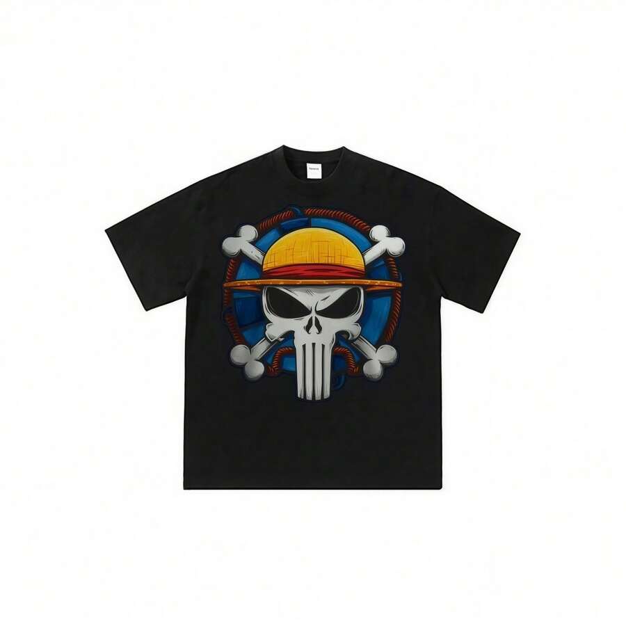 One Piece T-Shirt - 100% Cotton Crew Neck Tee, Anime Graphic Print, Summer Casual Short Sleeve Top, Perfect For Anime Fans, Cosplay, Birthday Gift For Men And Boys_90s Pop Retro All GendersMen's Minimalist Printed Round Neck Short Sleeved T-Shirt - 黑色5 - 查看 1