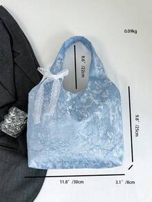 韓系清新蕾絲花朵帆布包 女款新款大容量肩背托特包 通勤腋下包 - 藍色 - 查看 8