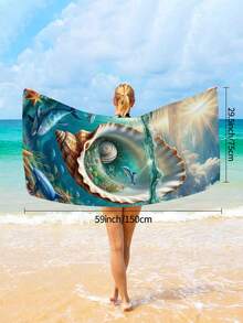 1件夢幻海洋海灘巾，水下世界動物印花大尺寸海灘巾，超細纖維吸水防沙海灘浴巾，適合旅行、游泳池、潛水、衝浪、瑜伽、露營、海灘度假、水上派對裝飾海灘巾，夏季海灘旅行必備披肩浴巾，浴室裝飾多功能海灘巾（單面印花） - 青碧色 - 查看 11