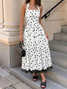 Abito midi da donna bianco a pois con scollo all'americana, orlo in pizzo, linea ad A, casual, elegante, da vacanza - Bianco e nero - Visualizzare 9