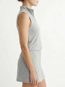Women's Chic Sleeveless Notched Collar Zipper Top & High Stretch Woven Fabric Skort Two-Piece Casual Outfit, Modest & Elegant Look - 灰色 - 查看 5