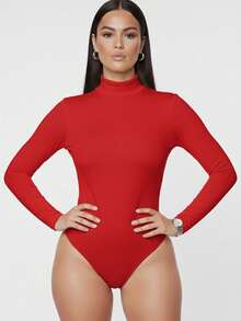 Women's Bodysuit With High Neck And Long Sleeves - Red - View 10