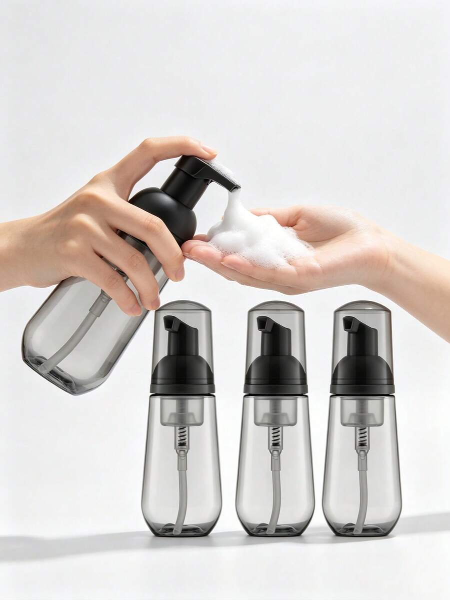 3 peças Garrafas de espuma transparentes pretas com bomba, garrafas dispensadoras recarregáveis de pressão, adequadas para viagem, sabonete líquido, gel de limpeza facial - Estilo Preto Puro - Ver 1
