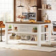 FINMIND Solid Wood Kitchen Island With Storage, 63-Inch Farmhouse Bar Table With Stools Space, Counter Height Dining Island For Kitchen Or Dining Room, Easy Assembly - 棕色和白色 - 查看 6