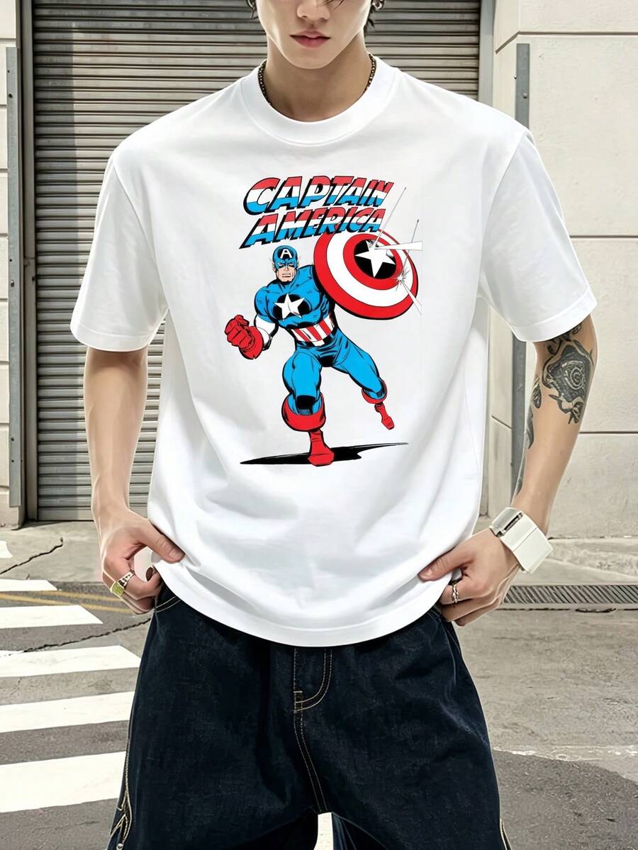 Marvel Marvel Comics Captain America Shield Hero Action Graphic T Shirt 100 Percent Cotton Mens Clothing Mens T Shirts Men Summer Clothes Marvel Series Gifts For Men Streetwear Men - 白色 - 查看 1