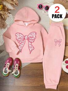 Girls 2pcs Set, Pink Leopard Print Bow Hoodie With Casual Sweatpants, Suitable For Autumn/Winter Wear - Pink - View 1