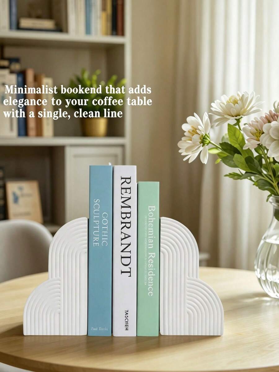Decorative Bookends - Cloud Aesthetic Bookends - 2pcs Bohemian Style Bookends, Suitable For Modern Home Office Bookshelf Decor (White) - A - View 1