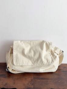 Bolsa cruzada de solapa vintage minimalista, bolsa de lona lavada gruesa, bolsa de mensajero de gran capacidad, versátil y casual, estilo estadounidense para estudiantes universitarios, viaj - Beis - Ver 3