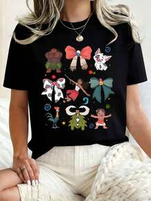 Disney Women Round Neck T Shirt Lilo And Stitch Characters Print Casual Summer Top For Everyday Wear Holiday Gift 220g - 黑色 - 查看 1