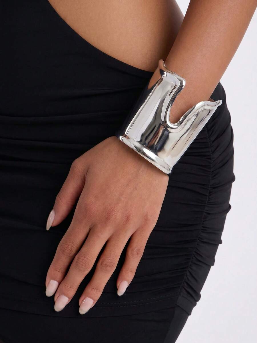 1pc Exaggerated Wide Asymmetrical Metal Open Cuff Bracelet Liquid Metal ...