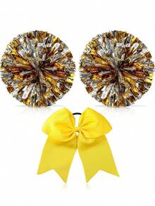 3pcs Cheerleading Pom Poms And Large Cheer Bow Metallic Cheer Supplies Team Spirit Sports Dance Cheer Equipment Purple Mini Cheer Poms Stitch Costume Cheer Gear - Multicolor - View 12