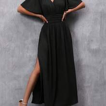 yonghongmaoyi1  Vestido largo con aberturas en los laterales y mangas de estilo mariposa para mujeres - Óxido marrón - Ver 5