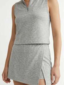 Women's Chic Sleeveless Notched Collar Zipper Top & High Stretch Woven Fabric Skort Two-Piece Casual Outfit, Modest & Elegant Look - 灰色 - 查看 4