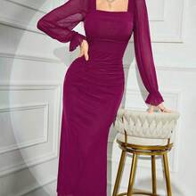 xuehuamaoyi02  Vestido de mujer de unicolor, cuello en V, manga larga, plisado, ajuste slim - Morado - Ver 4