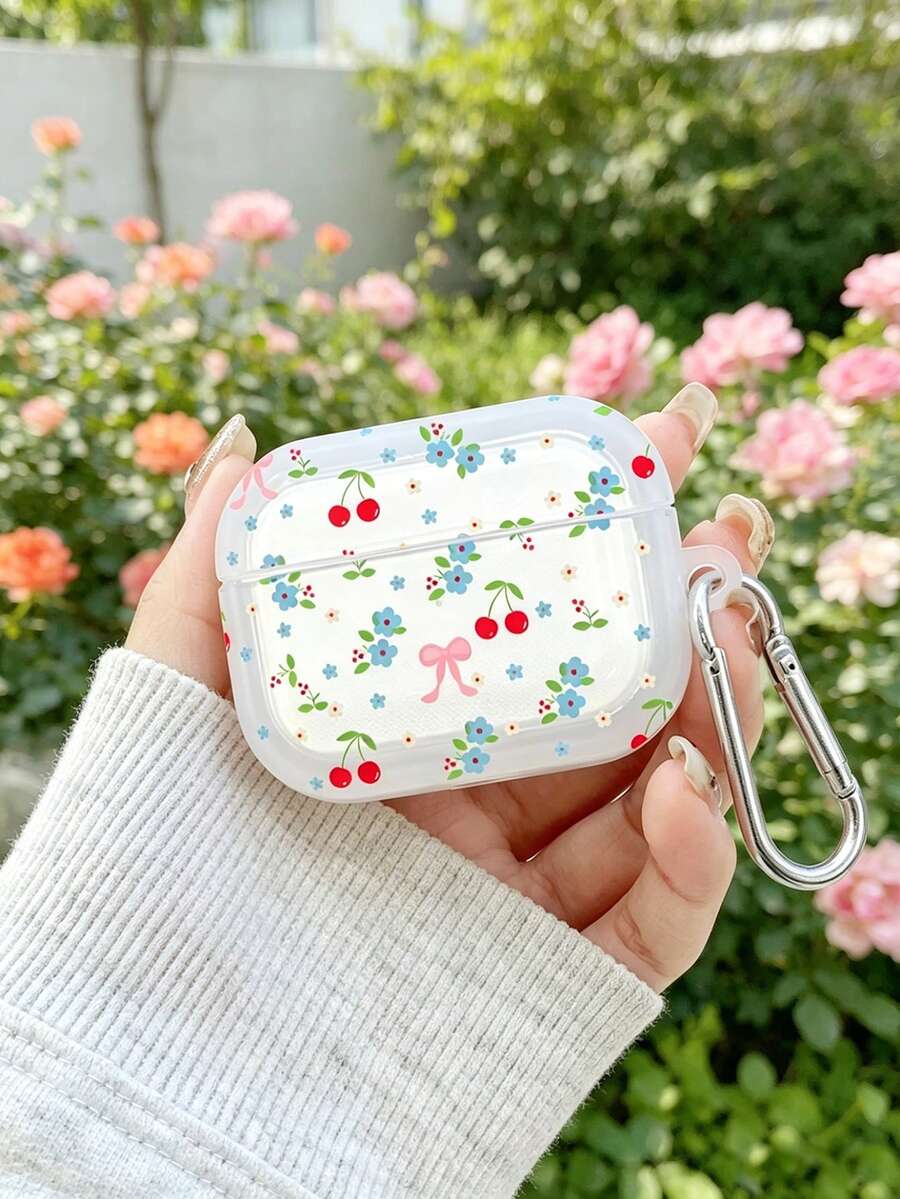 Ốp bảo vệ TPU họa tiết anh đào & hoa xanh dễ thương kèm móc treo, bao tai nghe chống sốc, tương thích với tất cả các dòng tai nghe Apple - Nhiều màu - Xem 1