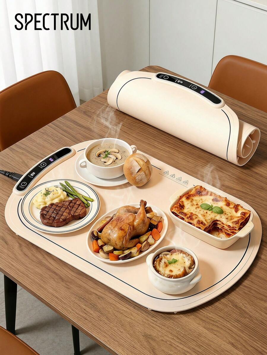 1 件米色食物保溫墊，電熱食物保溫盤，適用於保溫餐盤和自助餐，便攜式檯麵食物保溫器，8 檔溫度調節，8 小時定時 - 歐標插頭 - 查看 1