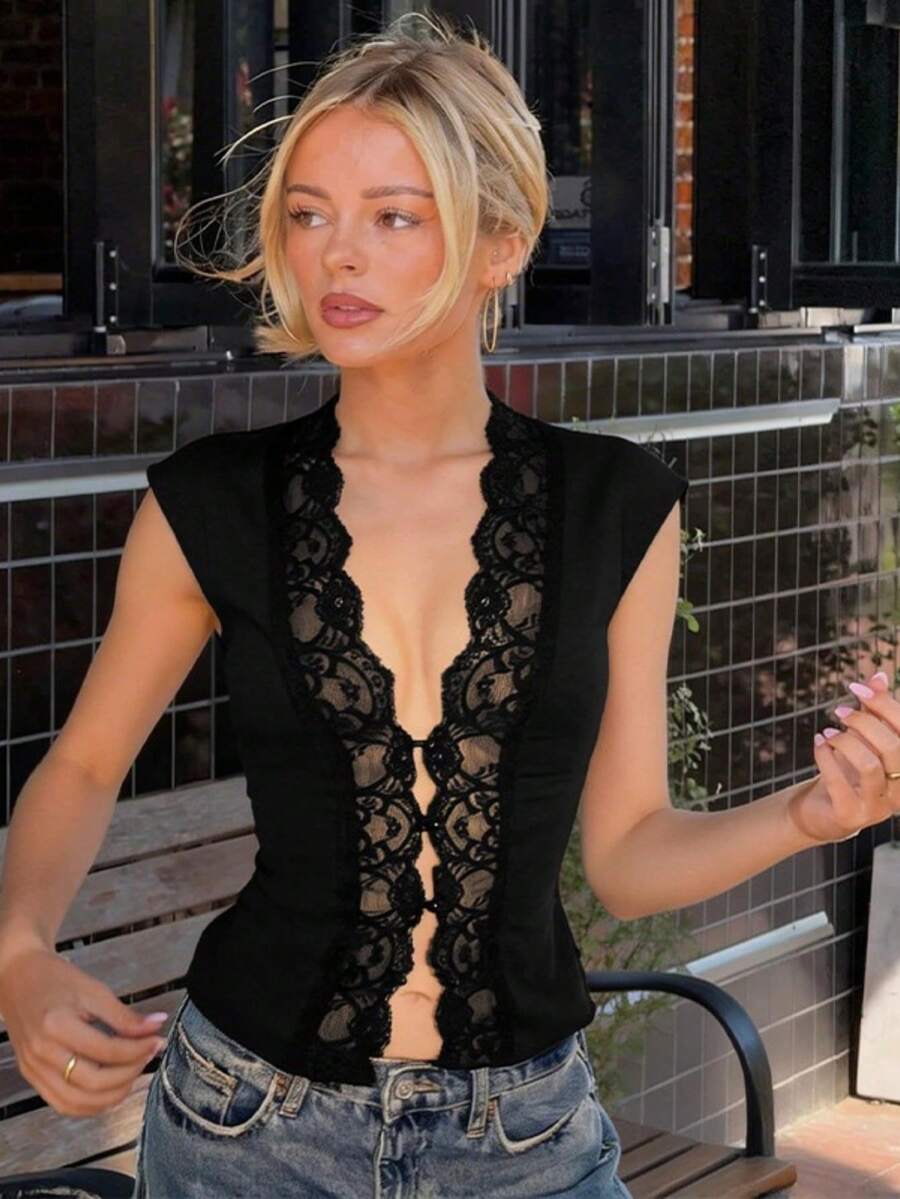 Gothic Y2K Contrast Lace Deep V Neck Cap Sleeve Slim Fit Top For Night Out & Date Night - Negro - Ver 1