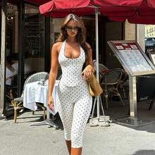 Old Money Polka Dot Halter Corset Jumpsuit - Sleeveless Bodycon Capri Jumpsuit For Street Style & Vacation - Blanco - Ver 3