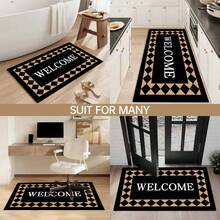 1 pieza Tapete de cocina con estampado de tablero de ajedrez negro & dorado con patrón WELCOME, tapete antideslizante para piso, tapete decorativo para fiestas festivas, alfombra, tapete resistente al aceite, alfombra de secado rápido, adecuado para cocina, pasillo, baño, lavandería, decoración del hogar - Multicolor - Ver 2