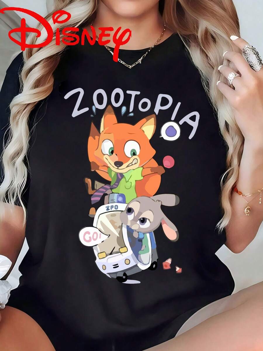 Disney Zootopia Nick & Judy Printed Short Sleeve T-Shirt, Soft Fabric, Ideal For Summer Beach & Outdoor Activities - 黑色 - 查看 1