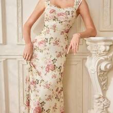yonghongmaoyi1  Vestido ajustado con estampado floral vintage, tirantes ajustables, cintura entallada, longitud hasta la rodilla, fondo color albaricoque con flores rosas - Albaricoque - Ver 2