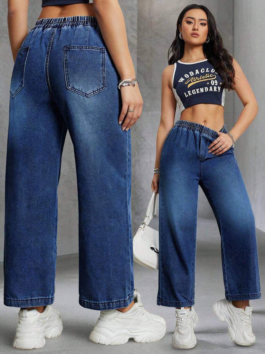Women's Casual Elegant Y2K Dark Blue Loose Elastic Waist Flexible Straight Leg Cropped Jeans, Summer Clothing, Dark Blue Non-Stretch Denim Jeans, Washed Denim Cropped Jeans - Blue - View 1