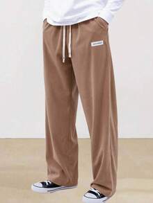Minimalist Solid Color Men's Corduroy Wide Leg Pants, Khaki Drawstring Small Label Decor Casual Long Trousers - Khaki - View 3