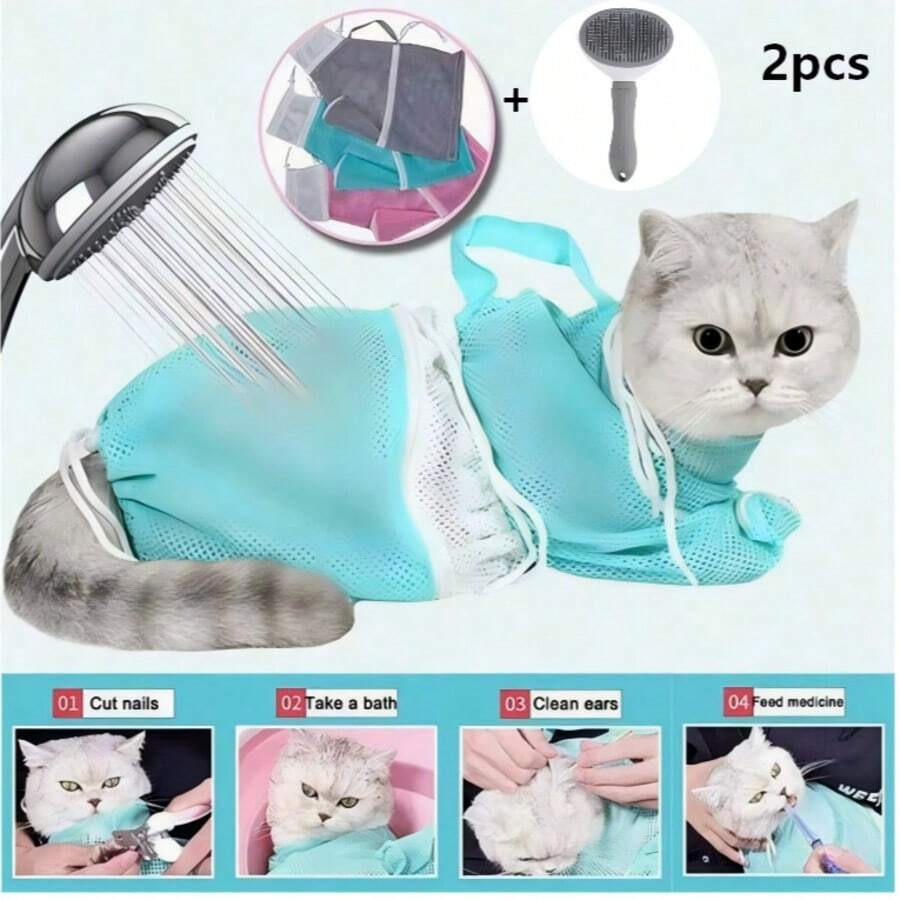 2 Stücke Set Katzen-Badebeutel, verbessertes komfortables Mesh-Design, Katzen-Badehilfe, geeignet für Katzen- und Hundebaden, Krallenschneiden, Fellpflege und Medikamentengabe - Verschiedenfarbig - Übersicht 1