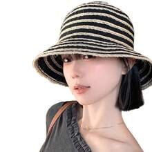 Women's UPF 50+ Striped Straw Bucket Hat, Frayed Edge Wide Brim UV Protection Sun Hat For Beach, Travel, And Outdoor Activities - 黑色 - 查看 6