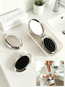 1 Stück silberne ovale faltbare Haarbürste mit Luftkissen und Spiegel, spiegelnde Oberfläche, tragbares Design, abgerundete Zähne, anti-verfilzend und ohne Ziehen, geeignet für langes und lockiges Haar, 2-in-1 Make-up-Auffrischung und Haarstyling-Werkzeug, ideal als Geschenk oder für den persönlichen Gebrauch - Klappkamm - Übersicht 9