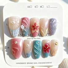 10pcs Medium Almond Nail Stickers, Macaron Multi-Color Design Acrylic Nail Art Decals, 3D Floral, Shell Pattern & Pearl Accents, Fresh Summer Island Vibe, Suitable For Women's Vacation, Party And Daily Wear, Removable And Reusable Nail Accessories Nails - Multicolor - View 6