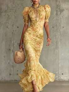 Elegant French Retro Style Chiffon Fishtail Dress For Vacation - Yellow - View 5