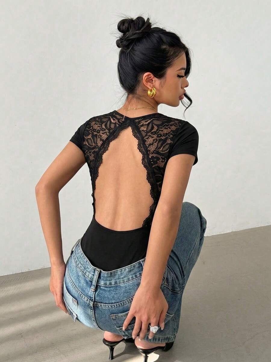 Sexy Fashionable Versatile Backless Lace Ruffle Trim Fitted Bodysuit, New Arrival Spring/Summer Black - Black - View 1